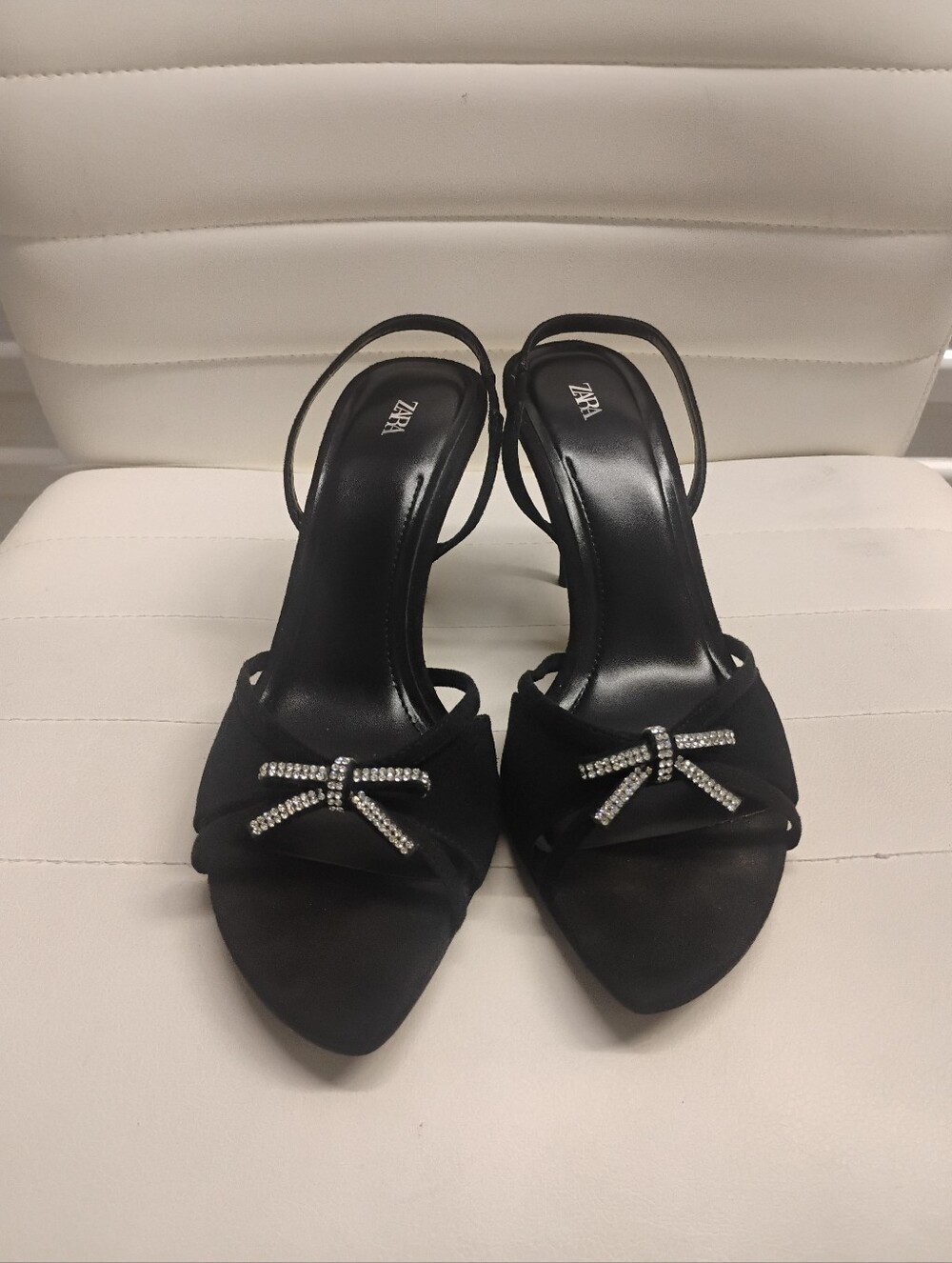 ZARA Black Satin Slingback Heels with Crystal Bow Accent